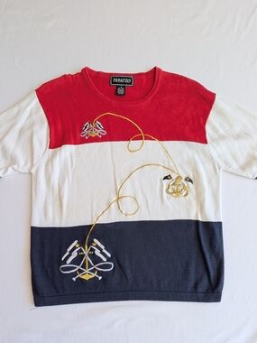 Vintage Terazzo Women's Med Nautical Top Anchor Sailboat Embroidered Patriotic